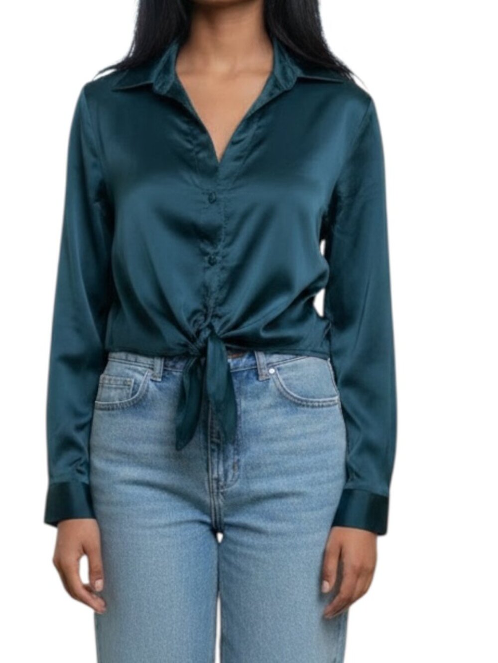 Guess Satin Blouse Shirt Top Button Front Tie Waist V Neck Teal XS NWOT